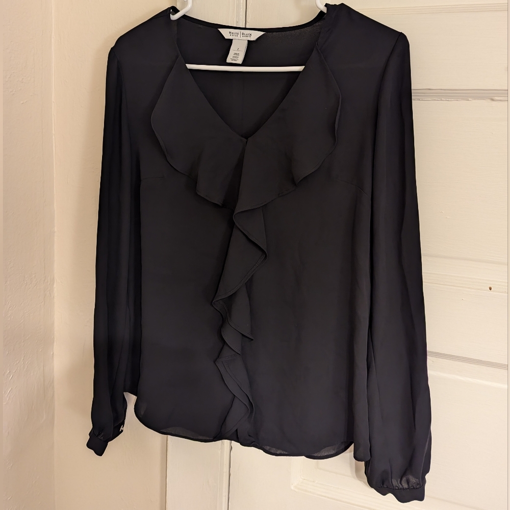 White House Black Market Size 2 Long Sleeve black V-neck Blouse with ruffle